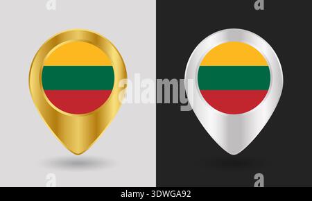 Gold and Silver Lithuania Flag Map Pin Icon Stock Vector