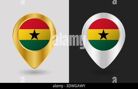 Gold and Silver Ghana Flag Map Pin Icon Stock Vector