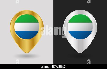Gold and Silver Sierra Leone Flag Map Pin Icon Stock Vector