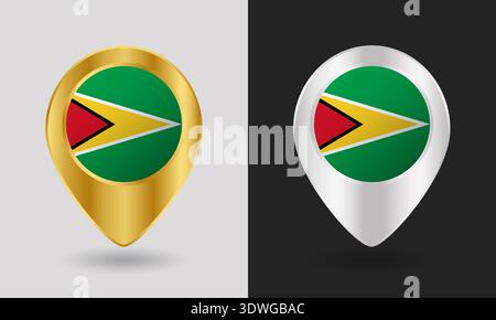 Gold and Silver Guyana Flag Map Pin Icon Stock Vector
