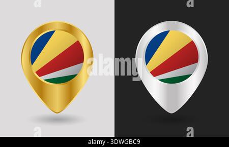 Gold and Silver Seychelles Flag Map Pin Icon Stock Vector