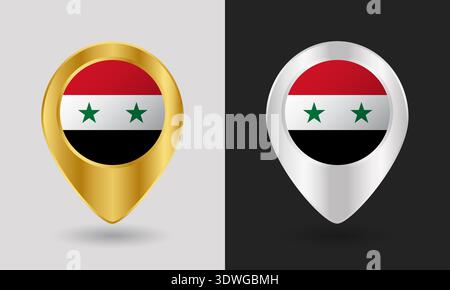 Gold and Silver Syria Flag Map Pin Icon Stock Vector