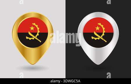 Gold and Silver Angola Flag Map Pin Icon Stock Vector