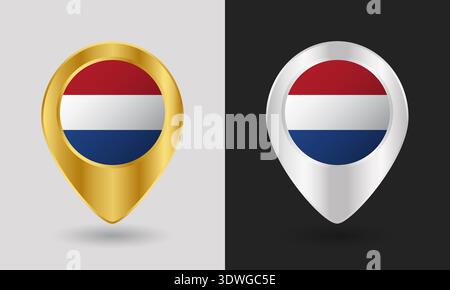 Gold and Silver Netherlands Flag Map Pin Icon Stock Vector