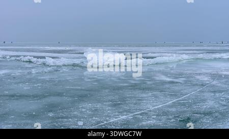 Ice that has piled up from cracks on the surface of a frozen Lake Balaton in Hungary in winter Stock Photo