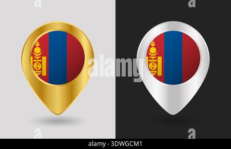 Gold and Silver Mongolia Flag Map Pin Icon Stock Vector