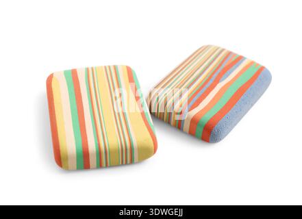 Colorful rubber erasers on white background Stock Photo