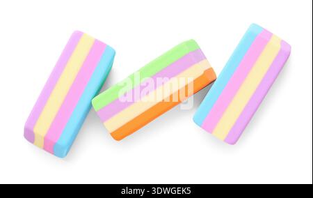 Colorful rubber erasers on white background Stock Photo