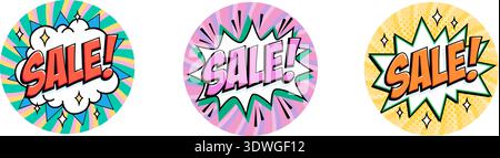 Round sale sticker with glossy pink lettering on white burst shape, with green spikes and soft purple spiral background. Vibrant badge in retro comic Stock Vector