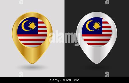 Gold and Silver Malaysia Flag Map Pin Icon Stock Vector