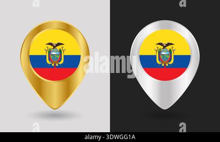 Gold and Silver Ecuador Flag Map Pin Icon Stock Vector