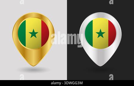 Gold and Silver Senegal Flag Map Pin Icon Stock Vector