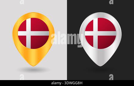 Gold and Silver Denmark Flag Map Pin Icon Stock Vector