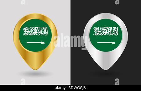Gold and Silver Saudi Arabia Flag Map Pin Icon Stock Vector