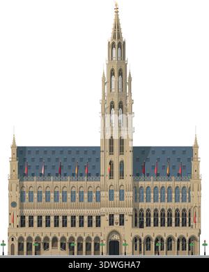 Brussels Town Hall in Belgium isolated on white background vector illustration. Monuments and landmarks Series Stock Vector