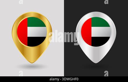 Gold and Silver United Arab Emirates Flag Map Pin Icon Stock Vector