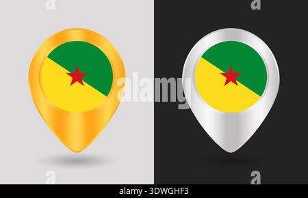 Gold and Silver French Guiana Flag Map Pin Icon Stock Vector