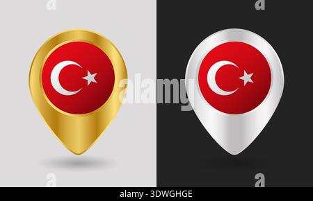 Gold and Silver Turkey Flag Map Pin Icon Stock Vector