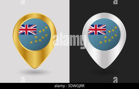 Gold and Silver Tuvalu Flag Map Pin Icon Stock Vector