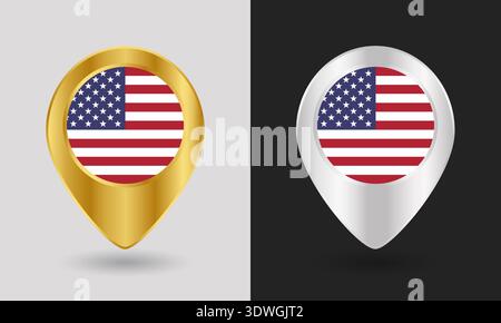 Gold and Silver USA Flag Map Pin Icon Stock Vector