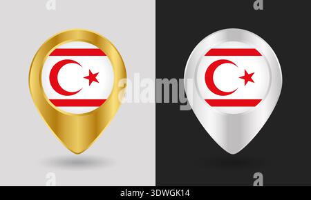 Gold and Silver Northern Cyprus Flag Map Pin Icon Stock Vector