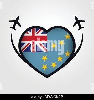 Tuvalu Travel Heart Flag With Airplane Icons Stock Vector