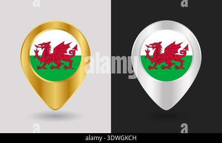 Gold and Silver Wales Flag Map Pin Icon Stock Vector