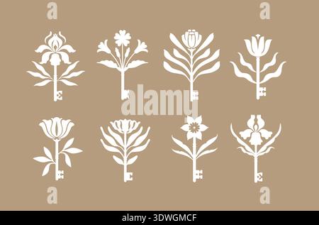 Keys and flowers botanical collection drawing in floral art style on with white color on beige background Stock Vector