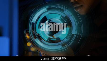 Holding smartphone, woman wearing dark top interacting with teal HUD rings at lab, copy space Stock Photo