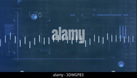 Displaying central horizontal waveform on blue HUD, showing baseline, white bars, axis lines Stock Photo