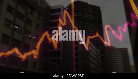 Displaying glowing market graph lines overlaying downtown canyon, with towers and numeric labels Stock Photo
