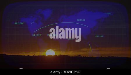 Displaying translucent world map overlay across sky, sun at horizon glowing over plain, gridlines Stock Photo