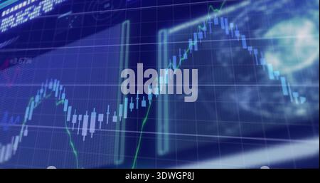Displaying digital finance chart with light-blue candlestick bars on grid, showing green trend line Stock Photo