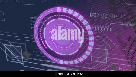 Glowing central circular HUD projecting numeric readout 730 in HUD display, with circuit traces Stock Photo