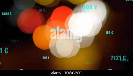 Displaying overlapping bokeh light discs at night in urban backdrop, showing cyan currency labels Stock Photo