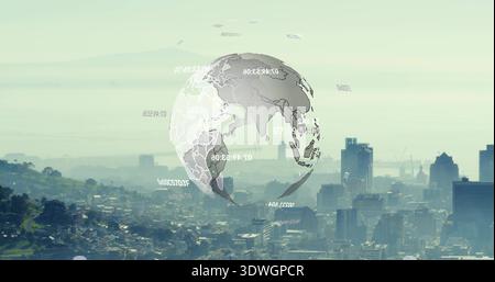 Floating translucent holographic globe projecting timecode overlays over city skyline with cranes Stock Photo