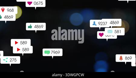Floating white speech-bubble cards drifting across dark bokeh backdrop, showing icons and counts Stock Photo