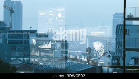 Displaying holographic dashboards floating over city rooftop from office glass, with line charts Stock Photo