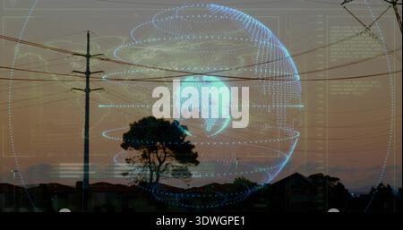 Glowing holographic globe hovering over dusk suburb skyline, with HUD, utility pole, power lines Stock Photo