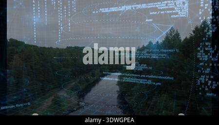 Displaying river valley at overlook with forest and reflecting water, showing overlay grid and code Stock Photo