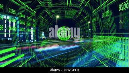 Projecting neon-green AR tunnel and central HUD reticle over urban roadway, with light trails Stock Photo