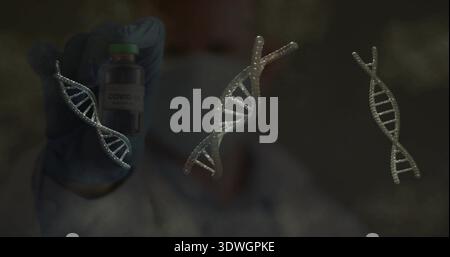 Holding blue-nitrile gloved hand showing COVID-19 vial in lab, lab coat, mask, DNA, copy space Stock Photo