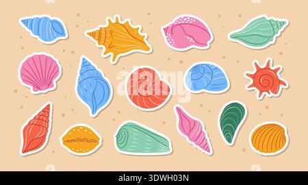 Flat vector sticker set of various colorful seashells on sandy background. Hand drawn trendy style isolated. Vibrant marine collection for summer scrapbooking, beach decor, nautical planners Stock Vector