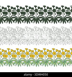 Set of stripe patterns with line art canary islands flowers Tree Sonchus. Floral seamless border with hand drawn millefleur Stock Vector