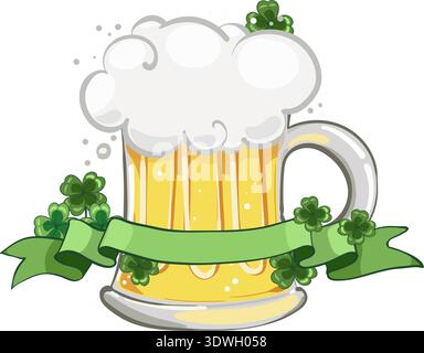 Patricks day illustration, beer mug, banner and clover. Stock Vector