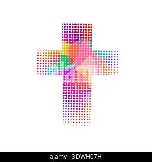 Multicolored cross made of dots. Happy Easter. Hand drawn. Not AI, vector illustration. Stock Vector