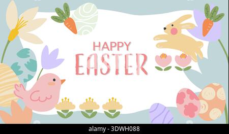 Happy Easter greeting card banner with cute bunny bird eggs and spring flowers Stock Vector
