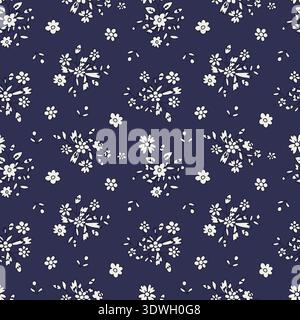 Monochrome ditsy floral seamless pattern on blue background. Hand drawn vintage backdrop with tiny flower bouquets. Cottage core texture Stock Vector