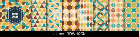 Collection of bright colorful geometric retro patterns - seamless design. Trendy abstract fashion backgrounds. Stylish mosaic textures - creative Stock Vector