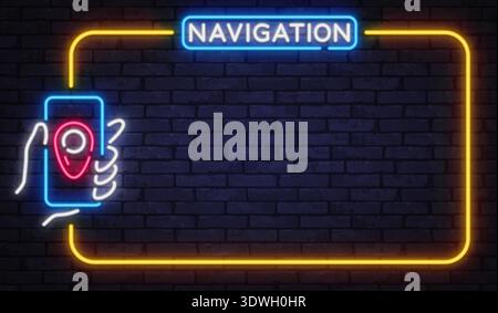 Neon navigation sign with smartphone and location pin on brick background. Modern glowing style supports maps, travel, and direction themes. Stock Vector